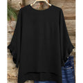 Women's Solid Color Loose Round-Neck Top – Ruffled Three-Quarter Sleeves