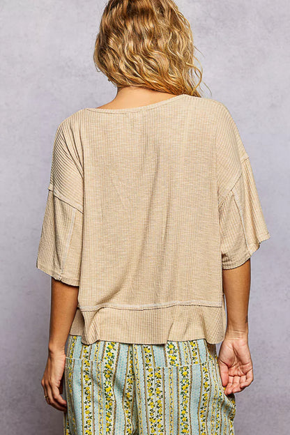 POL Short Sleeve Ccopped Rib T-Shirt with Contrast Stitch Detail