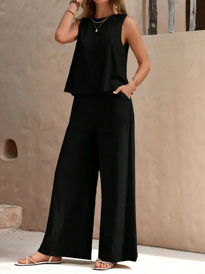 Round Neck Sleeveless Top & Wide Leg Pants Set – Two-Piece