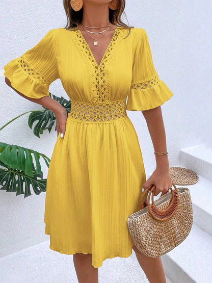 Cutout V-Neck Flounce Sleeve Mini Dress – Ruffled Lined Style