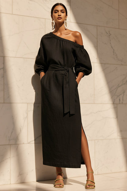 Women's Asymmetric Neck Linen Maxi Dress – Belted with Side Slit & Pockets