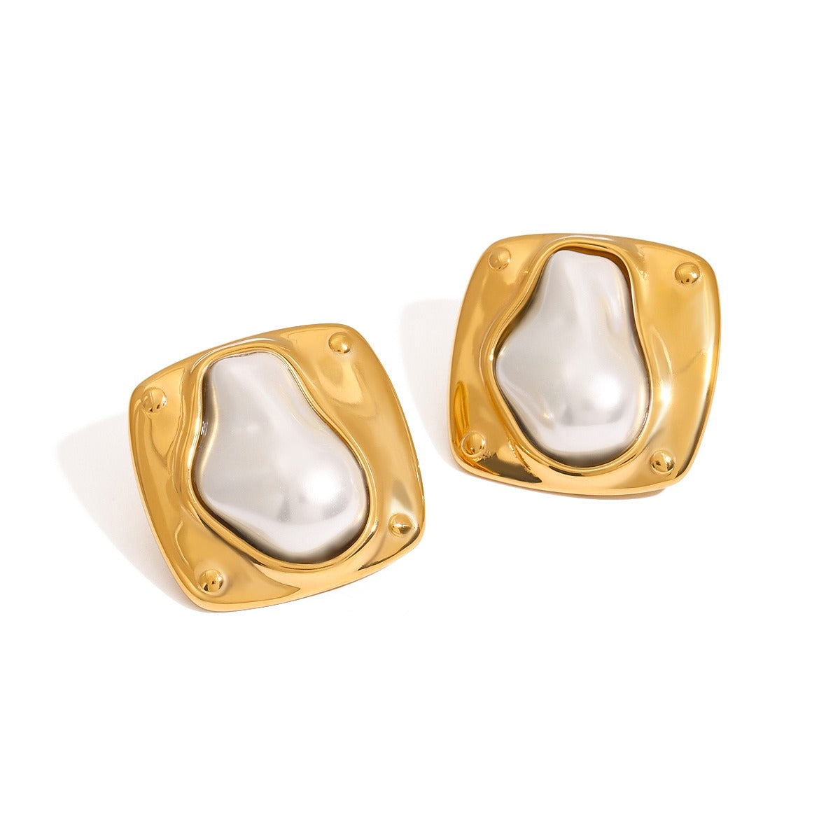 18K gold geometric square inlaid irregular pearls exquisite design dazzling earrings