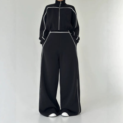 Women's Contrast-Piped Wide-Leg Jumpsuit & Cropped Zip Jacket Set