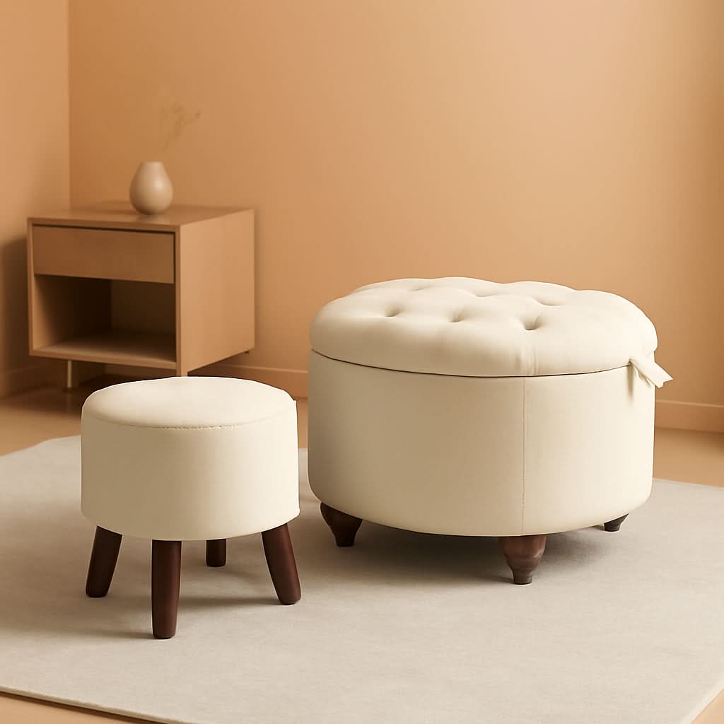 24 Inch Round Beige Storage Ottoman Removable TopWith Storage