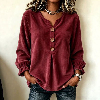 Women's Corduroy Long-Sleeve Blouse – Patchwork Minimalist Top
