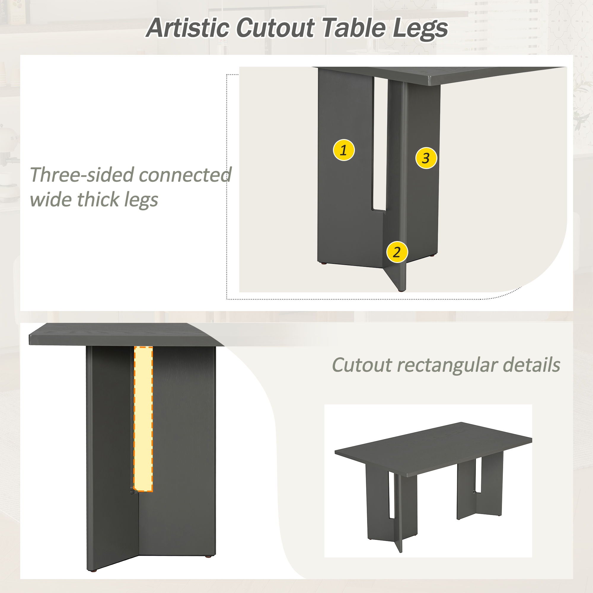 Dining Table Set With 6 Upholstered Chairs, Rectangular Table With Cutout Legs