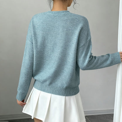 Women's Elegant Floral Sweater - Crew Neck Long Sleeve Casual Pullover