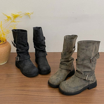 Distressed Slouchy Mid-Calf Boots | Buckle Strap Biker Booties | Y2K Retro