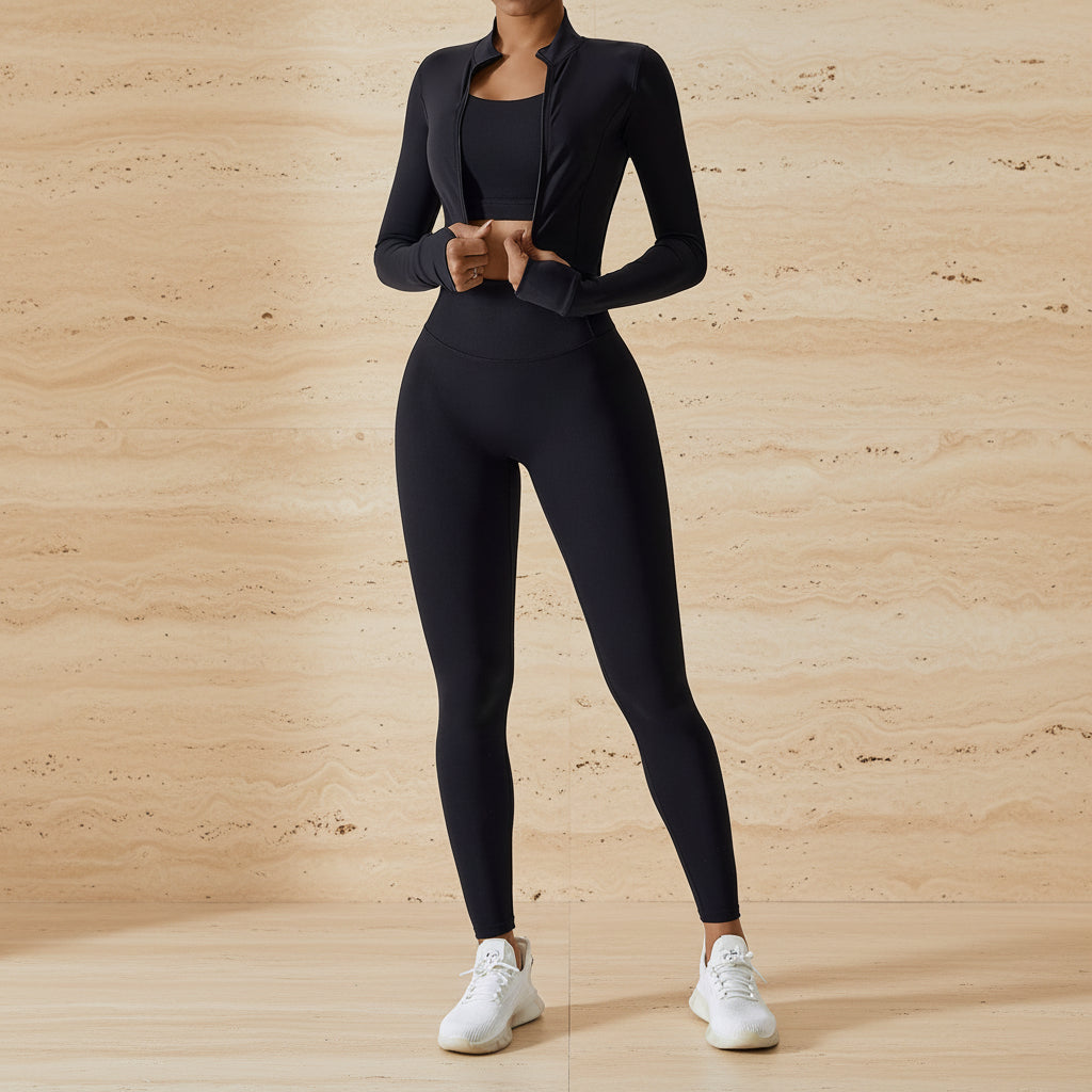 Women's High-Waist 3-Piece Athletic Set – Long Sleeve Jacket, Sports Bra & Leggings