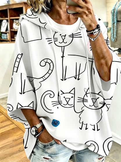 Cartoon Cat Print Hoodie with 3/4 Sleeves & Drawstring