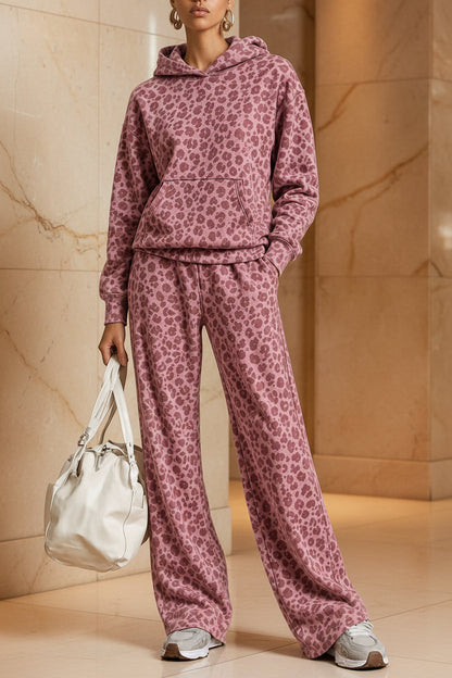 Women's Washed Leopard Print Oversized Hoodie & Wide-Leg Pants Set