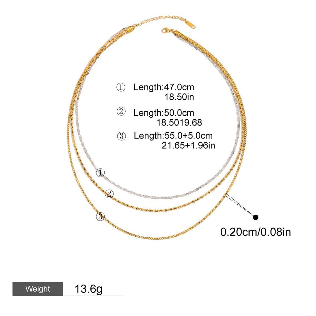 18K gold three-layer chain with gold and silver color matching design, noble and elegant necklace