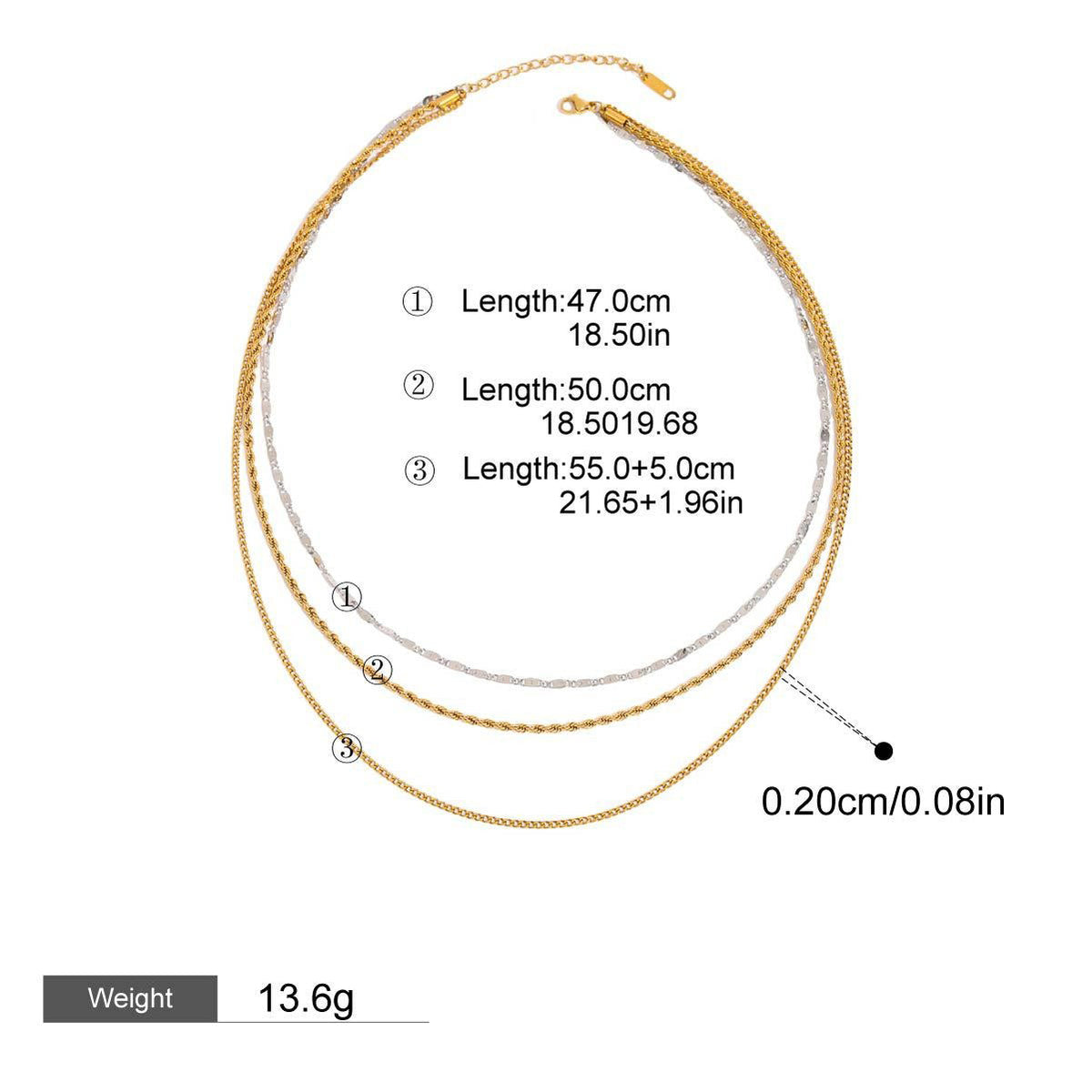 18K gold three-layer chain with gold and silver color matching design, noble and elegant necklace