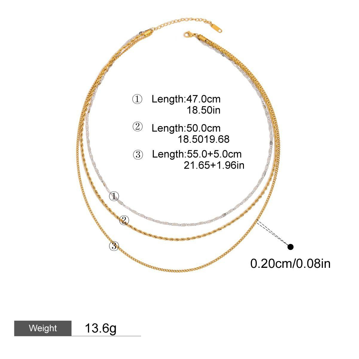 18K gold three-layer chain with gold and silver color matching design, noble and elegant necklace