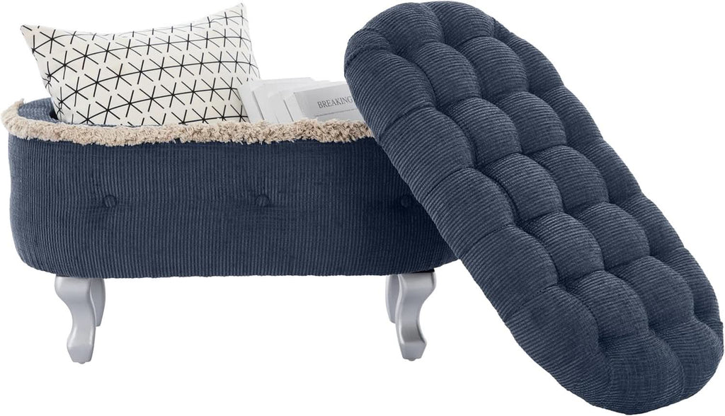 Blue 29.5 Inch Upholstered Storage Ottoman Cushion