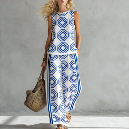 Women's Sleeveless Printed Tank Top & Wide-Leg Pants Two-Piece Set