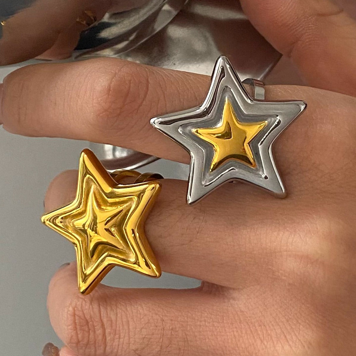 18K gold five-pointed star with texture design simple personality ring