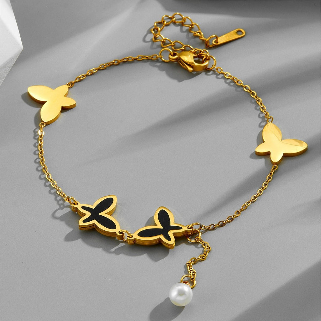 Pearl chain tassel butterfly beach style metal titanium steel anklet