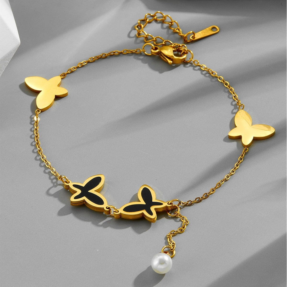 Pearl chain tassel butterfly beach style metal titanium steel anklet