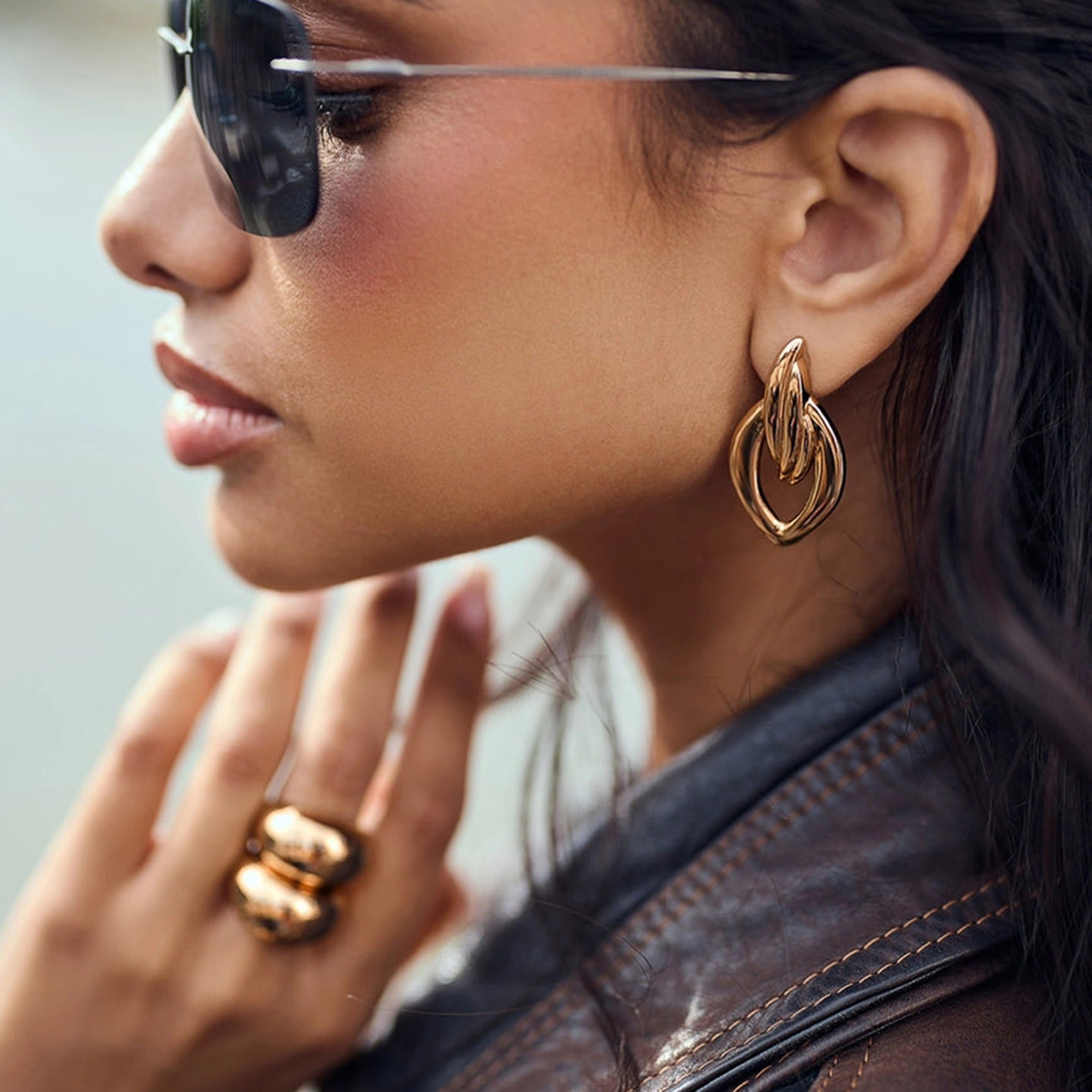 18K gold geometric diamond hollow design simple personality earrings
