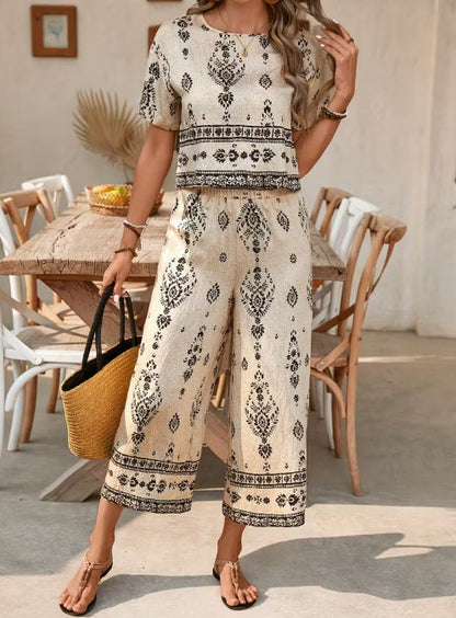 Women's Ethnic Print Contrast Two-Piece Set – Top & Straight-Leg Pants