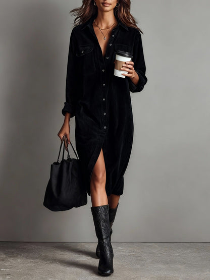 Women's Corduroy Long Sleeve Shirt Dress – Turn-Down Collar Button Front Midi with Pockets