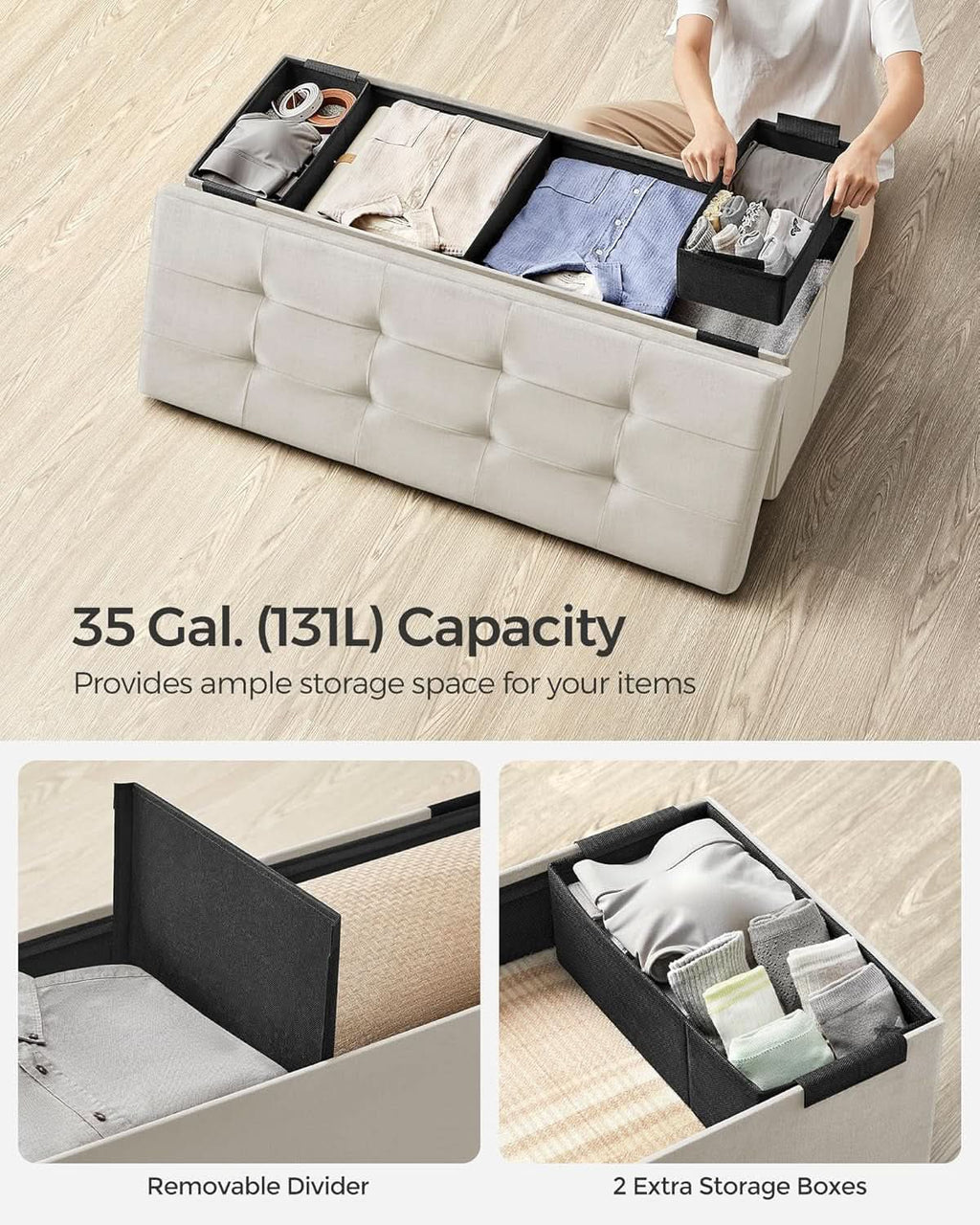 Cream White Storage Ottoman Bench Foldable 15x43x15