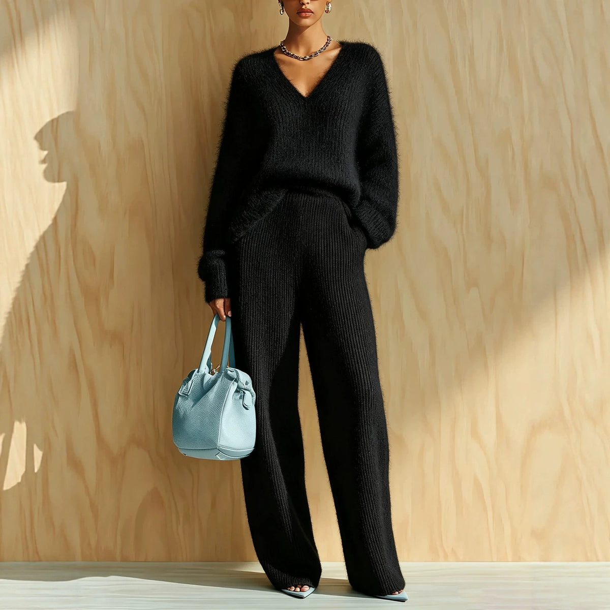 Women's Fluffy V-Neck Oversized Sweater & Wide-Rib Wide-Leg Knit Trouser Set