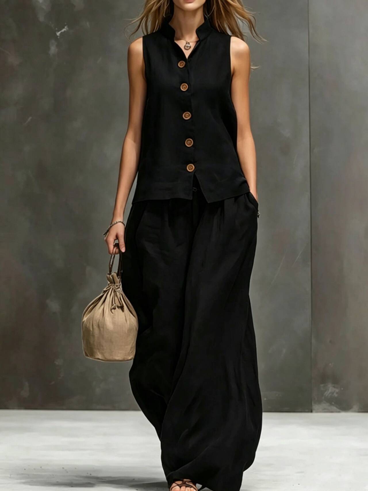 Women's Sleeveless Vest & Wide-Leg Pants Two-Piece Set