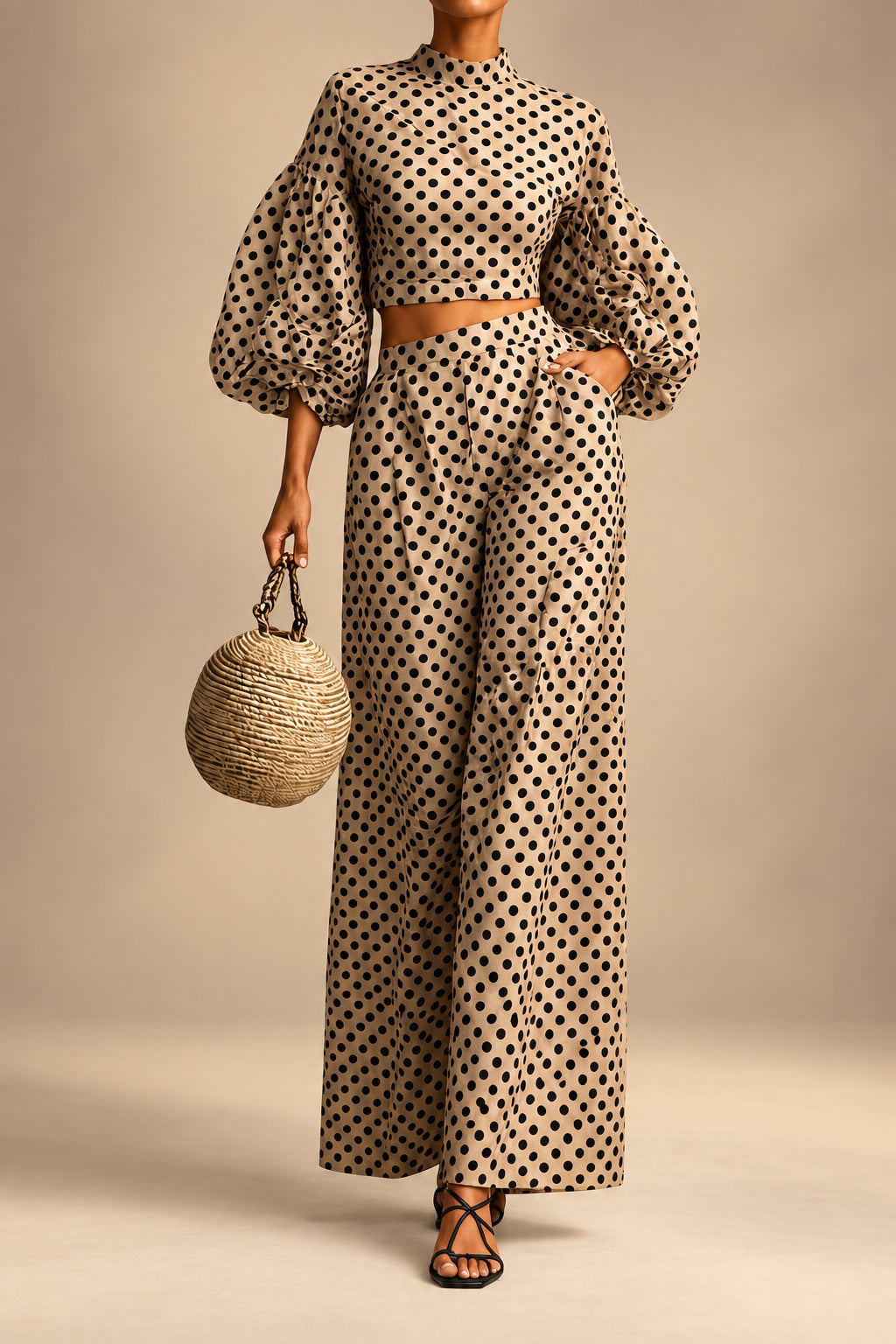 Women's 2-Piece Polka Dot Set – Lantern-Sleeve Mock-Neck Crop Top & High-Waisted Wide-Leg Trouser