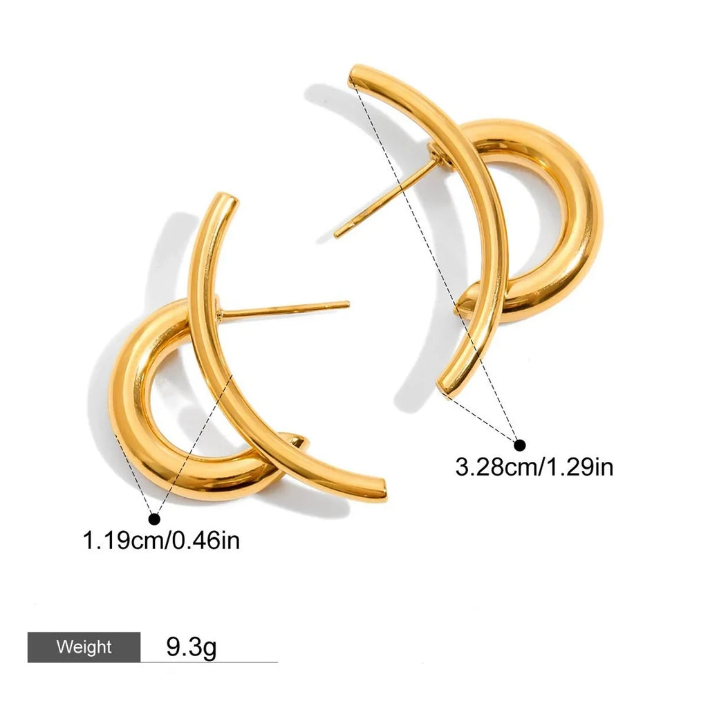 18K gold double C-shaped earrings with gold and silver color matching design, trendy and personalized