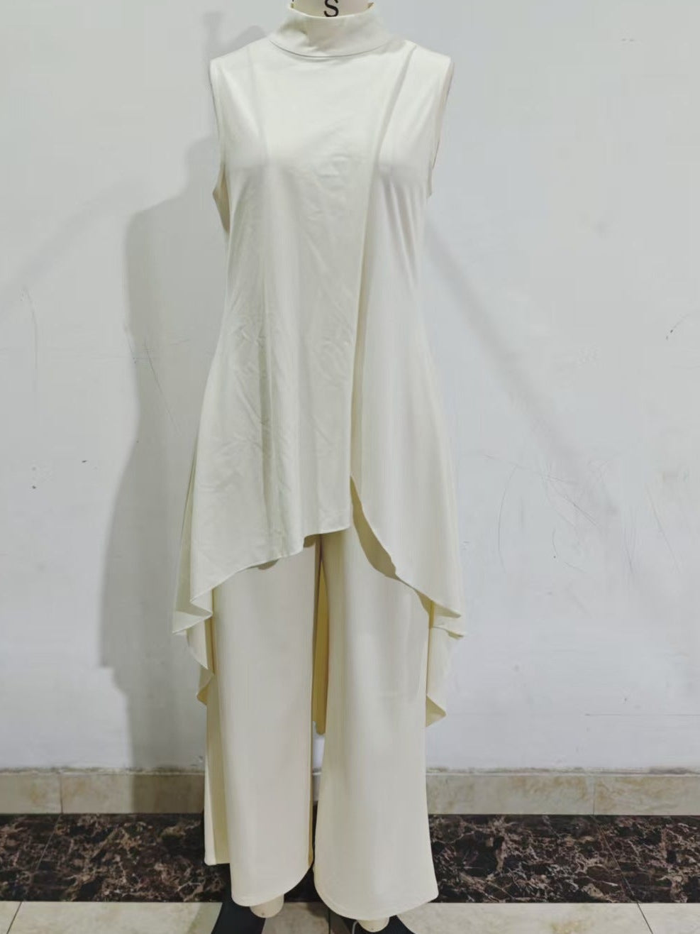 Women's Mock Turtleneck Sleeveless Asymmetric Cascade Drape Longline Top & Wide-Leg Cropped Trouser Set