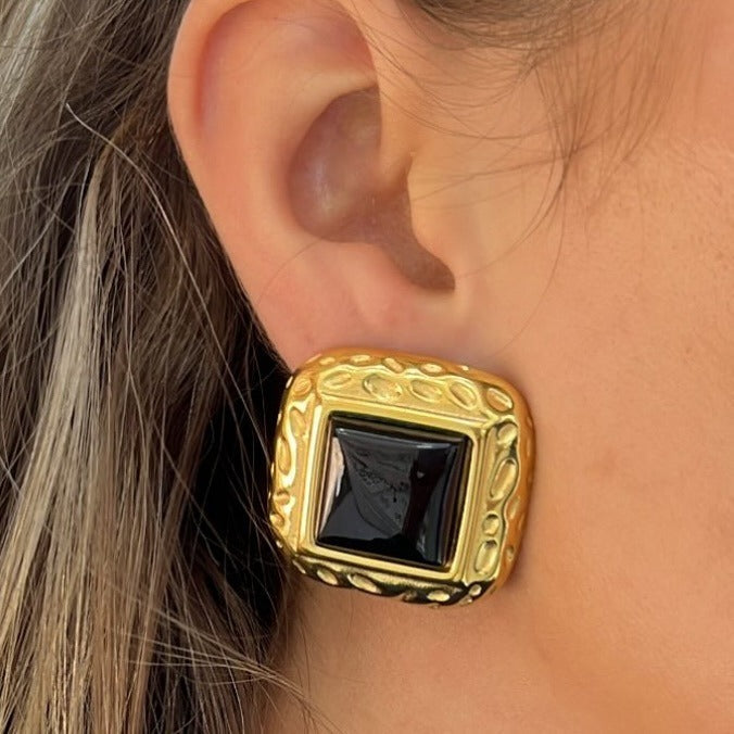 18K gold geometric square with texture design classic retro earrings