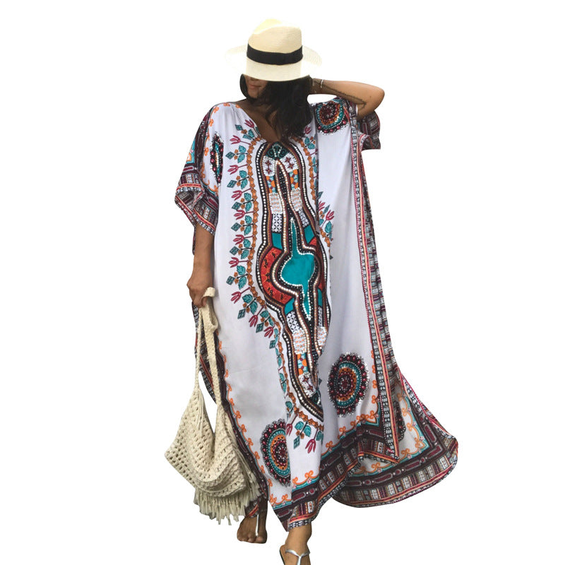 Rayon Positioning Floral Loose Long Beach Cover-up Robe Dress Vacation Clothes