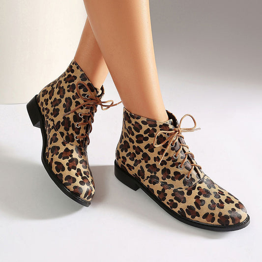 Women's Leopard Print Lace-Up Martin Ankle Boots | Low Heel