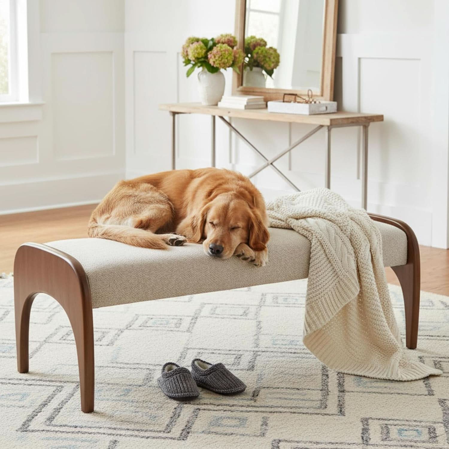 51-Inch Wide Ottoman Bench Beige Sherpa Upholstery