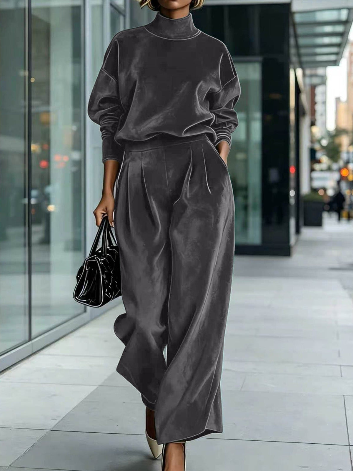 Women's Mock Turtleneck Balloon Sleeve Top & Pleated Wide-Leg Trousers Set