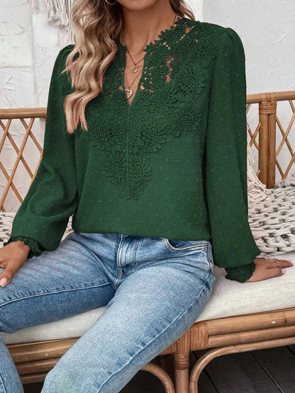 Swiss Dot Lace Detail Notched Long Sleeve Blouse – Feminine Style