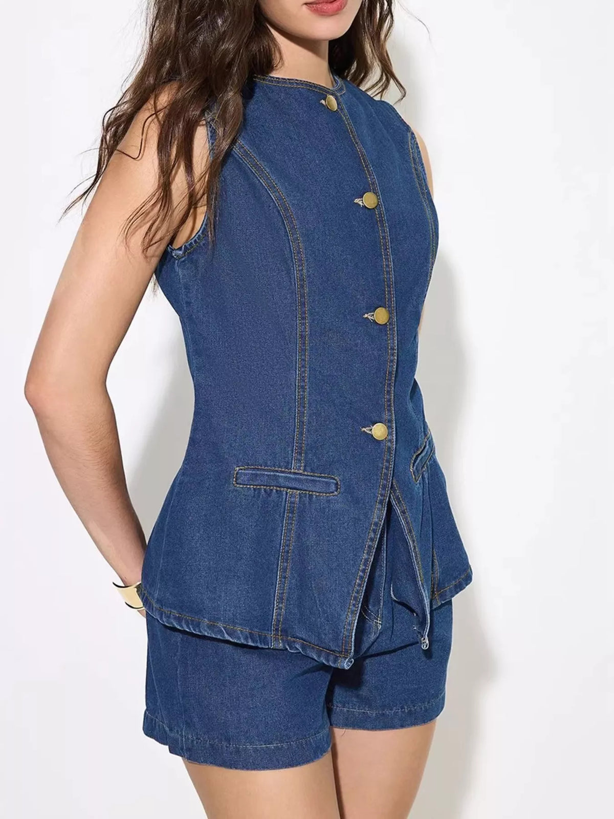 Button Up Sleeveless Denim Top and Shorts Set