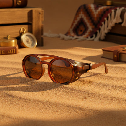 Retro Round Leather Frame Sunglasses – Vintage Fashion Eyewear