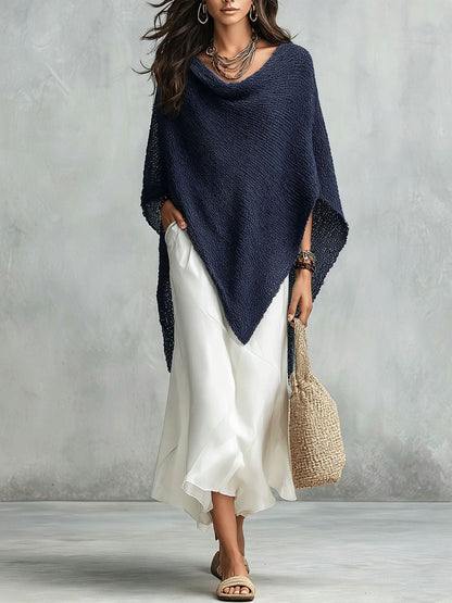 Women's Open-Knit Asymmetric Cape & Ruched V-Neck Fluid Maxi Dress Set