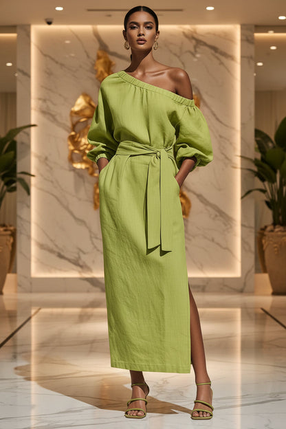 Women's Asymmetric Neck Linen Maxi Dress – Belted with Side Slit & Pockets
