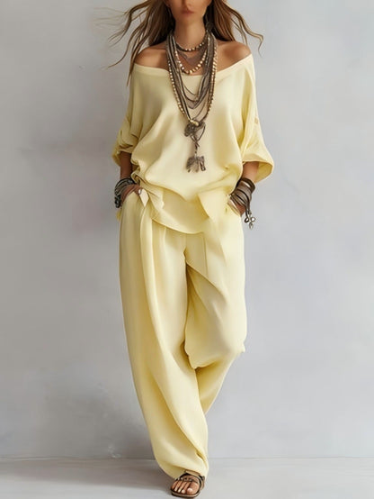 Chiffon Puff-Sleeve Top & Wide-Leg Pants Set – 15 Colors