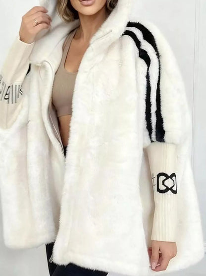 Hooded Faux Fur Striped Trim Outerwear