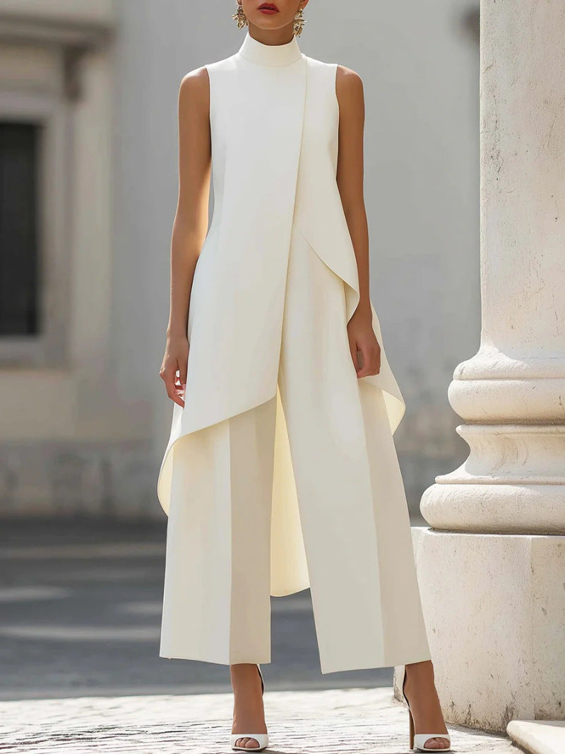 Women's Mock Turtleneck Sleeveless Asymmetric Cascade Drape Longline Top & Wide-Leg Cropped Trouser Set