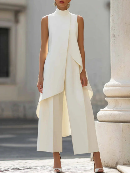 Women's Mock Turtleneck Sleeveless Asymmetric Cascade Drape Longline Top & Wide-Leg Cropped Trouser Set