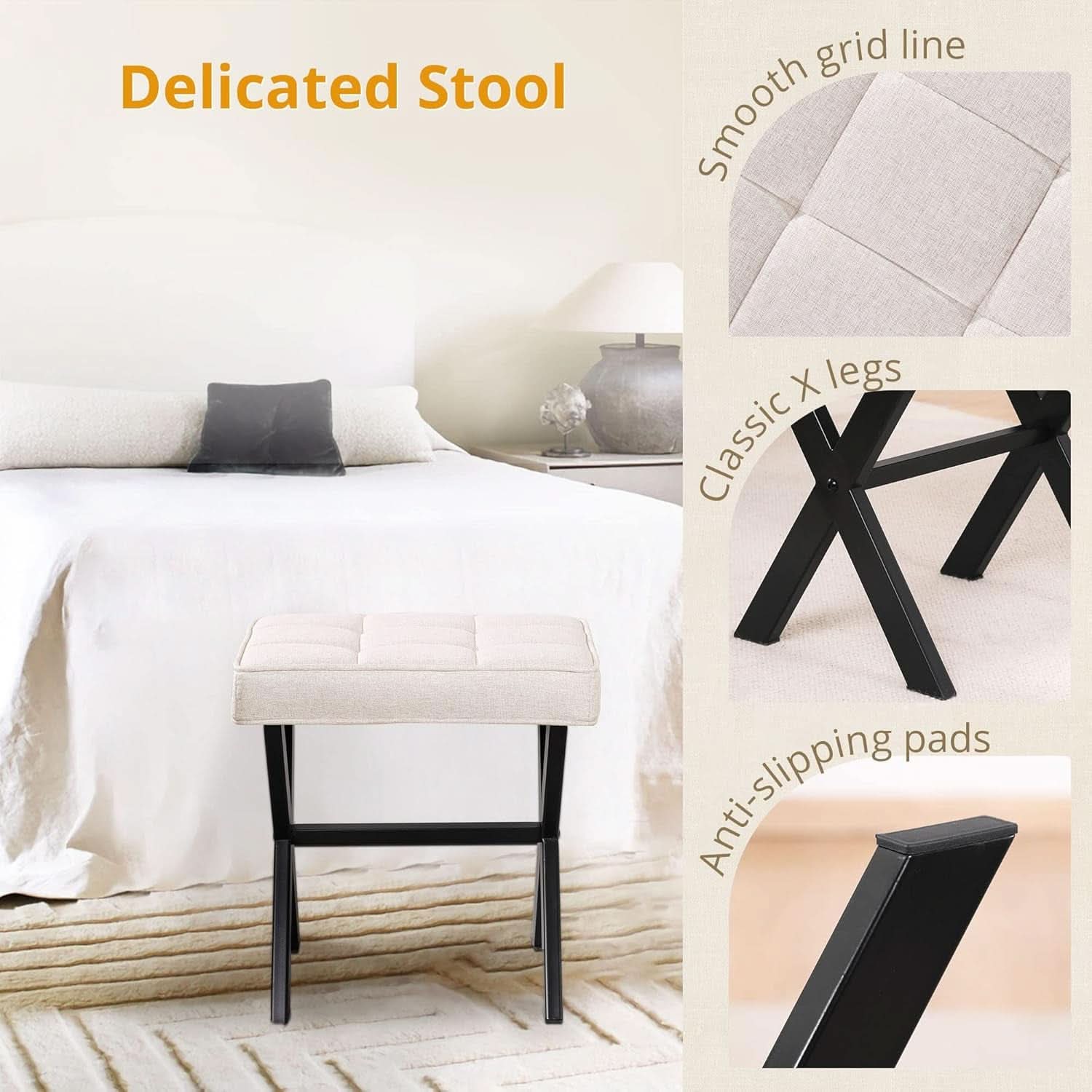 Linen Vanity Ottoman Foot Stool 16.9x12.9x18 Inches