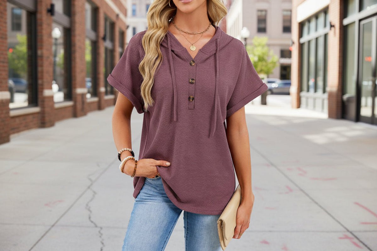 Women's Waffle Knit Hooded Short-Sleeve Top – Drawstring Button Pullover