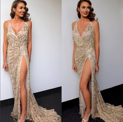 Sexy Women Clothing V neck Backless Slit Sling Gold Sequ Dress Maxi Dress Summer