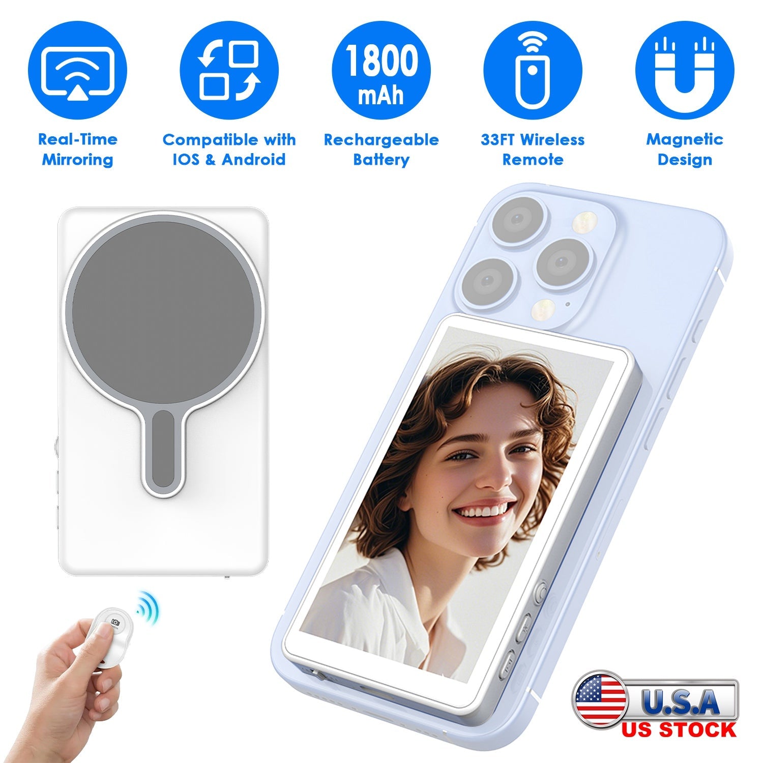 Vlog Selfie Monitor Screen Magnetic Rear Camera Phone Monitor Wireless Selfie Monitor Screen with 33FT Remote for Vlog Live Stream Compatible with IOS
